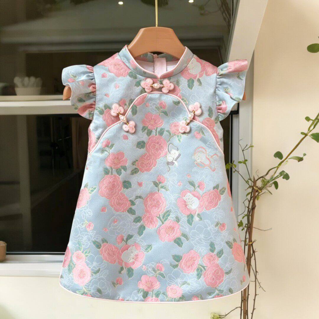 新中式女童玫瑰花朵图案洋装女宝宝生日礼服儿童立领盘扣旗袍裙