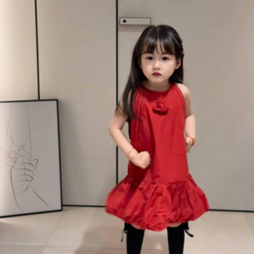 女童生日礼服裙子儿童红色无袖花苞连衣裙小女孩绝美背心裙公主裙