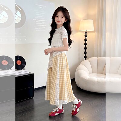 女童夏季镂空上衣半身裙两件套装
