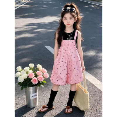 女童夏装粉色印花抱婴袋花苞短裤套装2026新款儿童休闲无袖两件套