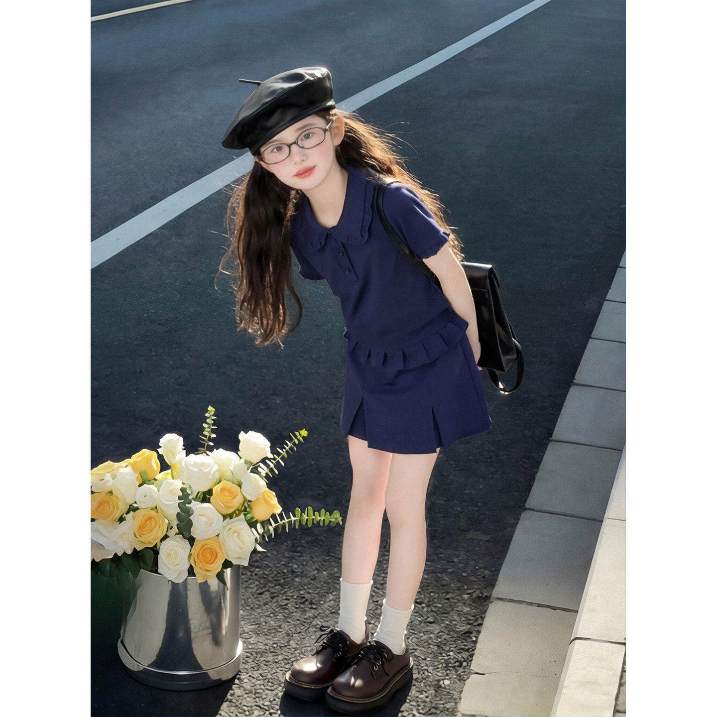 女童夏季学院风POLO领短袖套装
