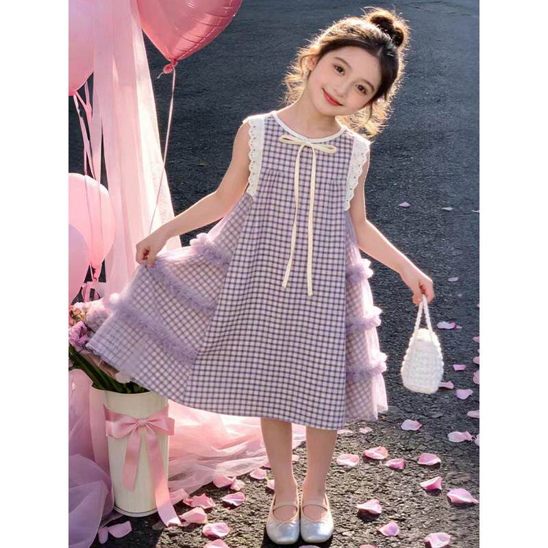 女童夏季格子网纱蓬蓬连衣裙