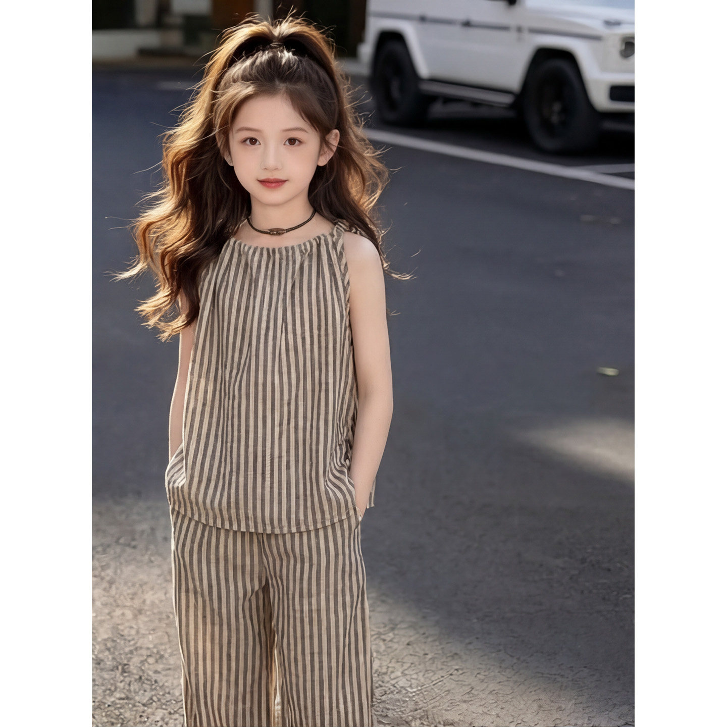 女童夏款条纹无袖背心上衣2026新款高级感松弛感休闲阔腿裤两件套