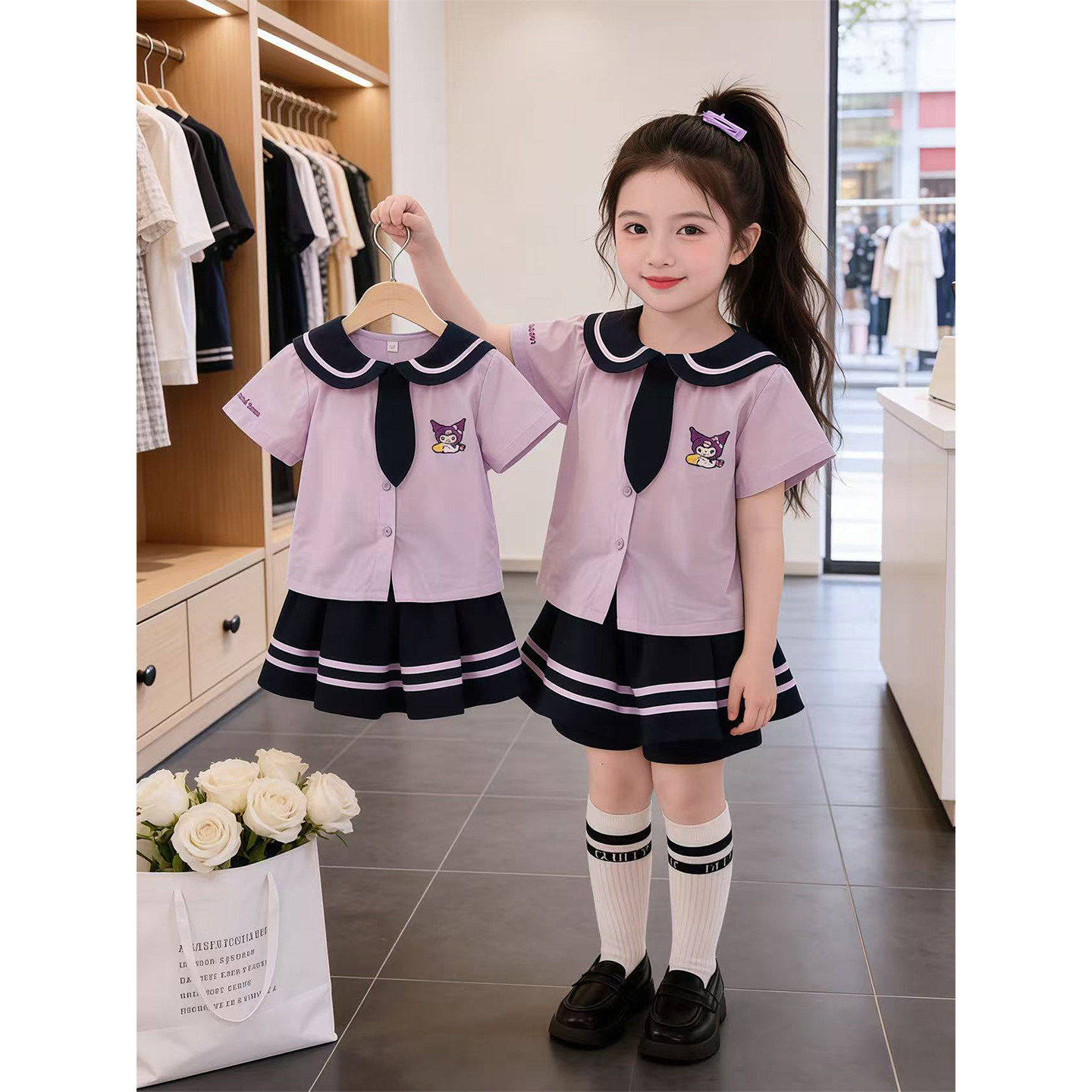 女童套装2026新款巨好看儿童小女孩库洛米连衣裙领带上衣两件套夏