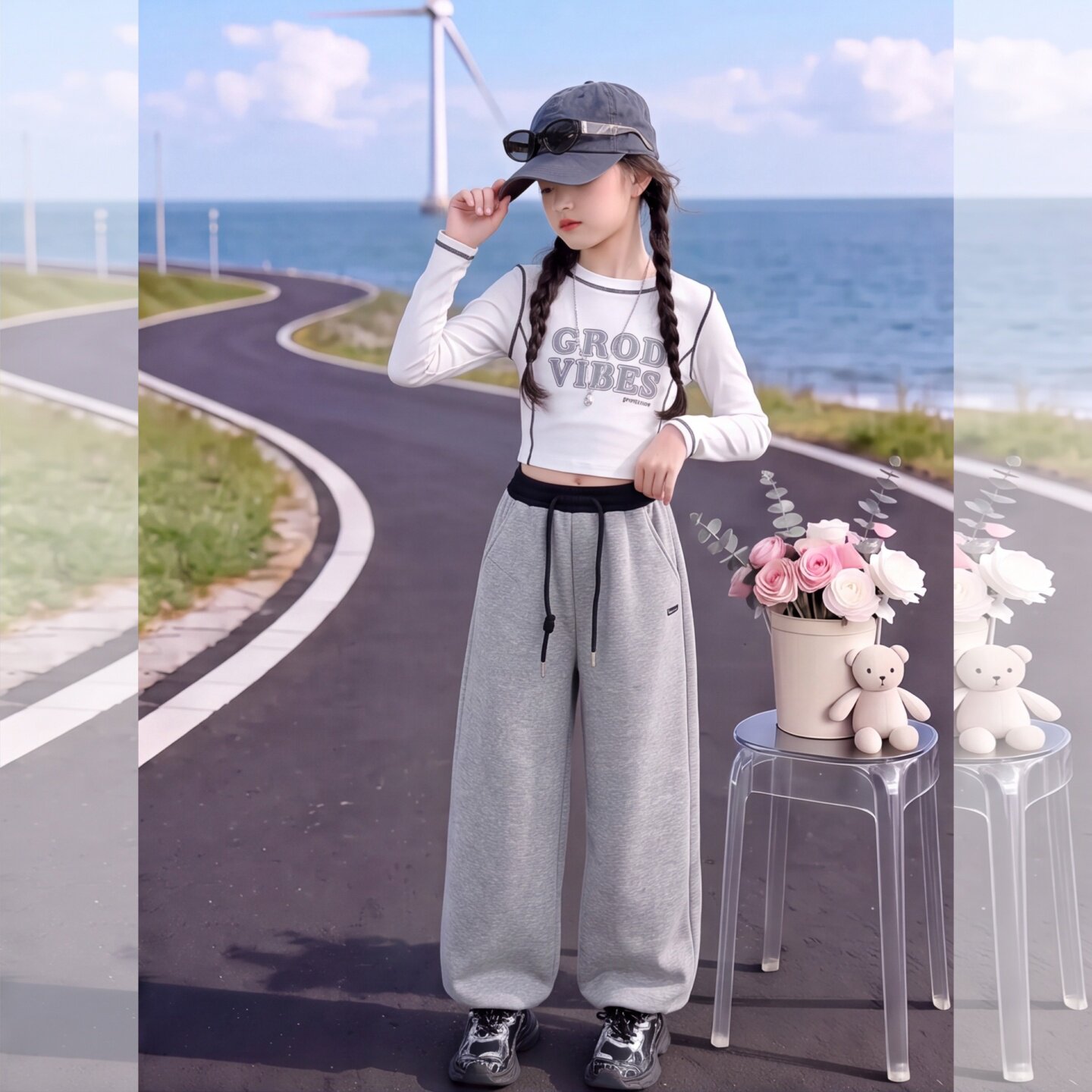 女童阔腿裤套装2026秋季新款宽松卫裤长袖T恤女孩韩范休闲运动女