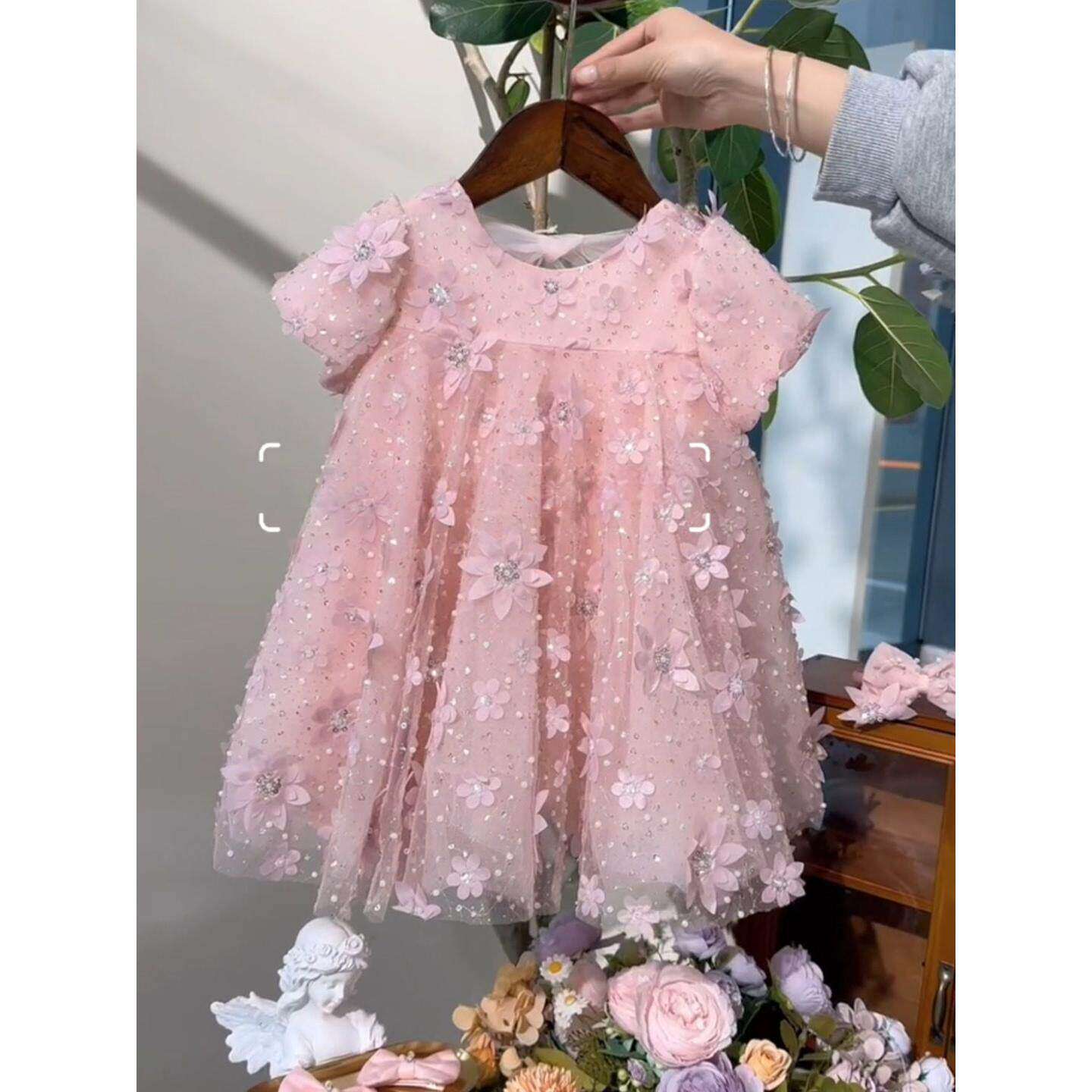 女宝宝公主裙网纱连衣裙粉色亮片立体花朵蓬蓬纱裙儿童生日礼服裙