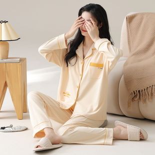女可外穿春秋冬季 带胸垫家居服套装 长裤 纯棉睡衣女士棉质翻领长袖