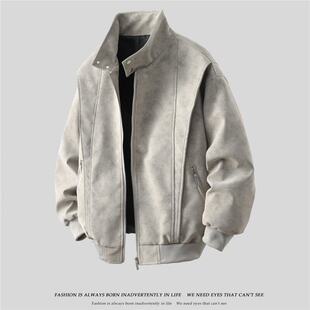 唐团夹克男女款春季美式复古棒球领休闲宽松美拉德水洗皮衣港风
