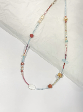 IsleJoy| 设计款不对称撞色天然石红蓝色系新中式风复古手作项链