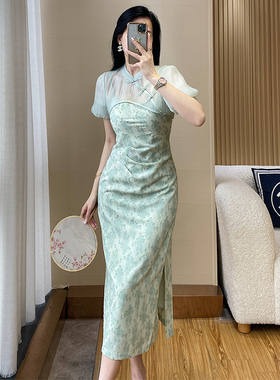 新中式气质绿色连衣裙女夏新款修身开叉改良旗袍罩衫吊带裙两件套