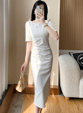 法式宴会晚礼服开叉小白裙女夏季新款高贵优雅气质修身白色连衣裙