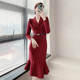 正式 场合酒红色礼服连衣裙女秋冬高端奢华职业女神范显瘦鱼尾裙子