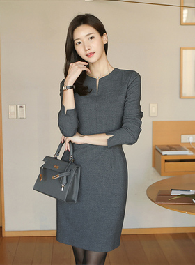 灰色包臀职业装连衣裙女正式场合气质通勤修身高端大气高级感裙子