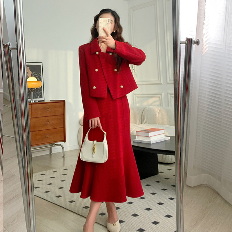 小香风红色羊毛呢套装女裙冬季新款高级感气质外套鱼尾半裙两件套,女装/女士精品,时尚套装,淘宝优惠券,粉丝福利购,淘宝优惠卷