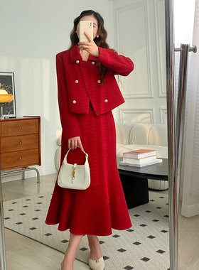 小香风红色羊毛呢套装女裙冬季新款高级感气质外套鱼尾半裙两件套