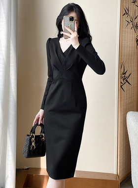 法式气质职业装连衣裙女春季新款黑色修身高档时尚轻奢包臀小黑裙