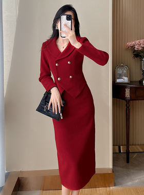 小香风红色两件套套装今年流行秋冬粗花呢高端气质新年战袍女套裙