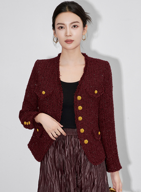 法式红色小香风亮丝外套女冬高级感轻奢含羊毛粗花呢收腰短款上衣