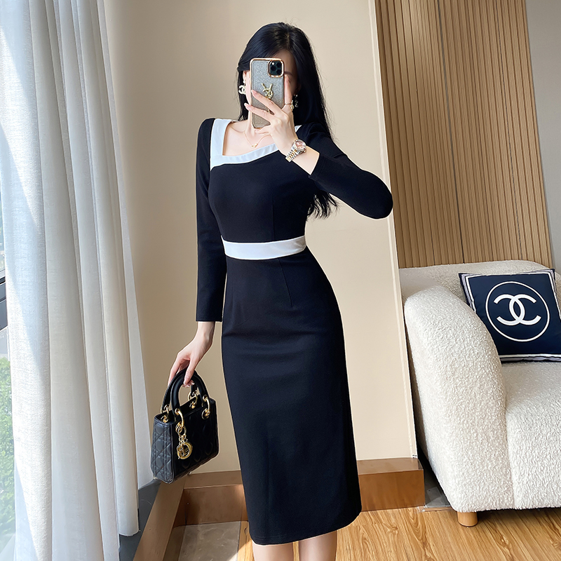 法式名媛职业包臀黑白拼色连衣裙