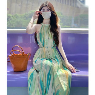 多巴胺挂脖连衣裙女夏季 海边度假拍照长裙沙堆裙 法式 轻奢雪纺无袖