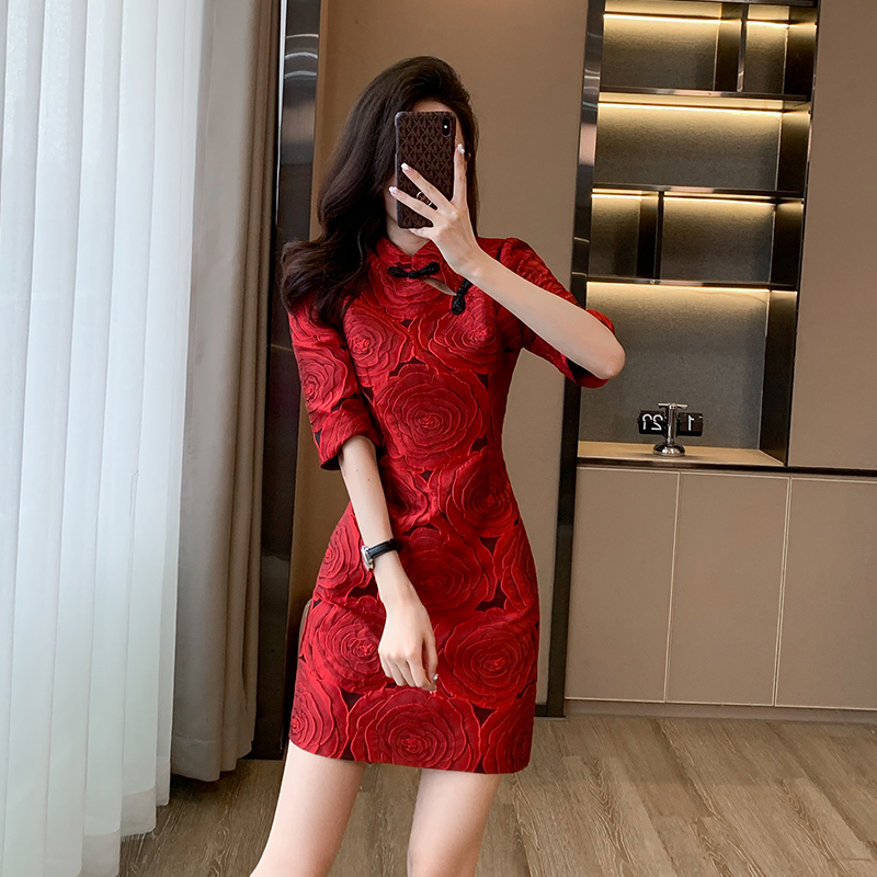 小个子红色中国风改良旗袍连衣裙