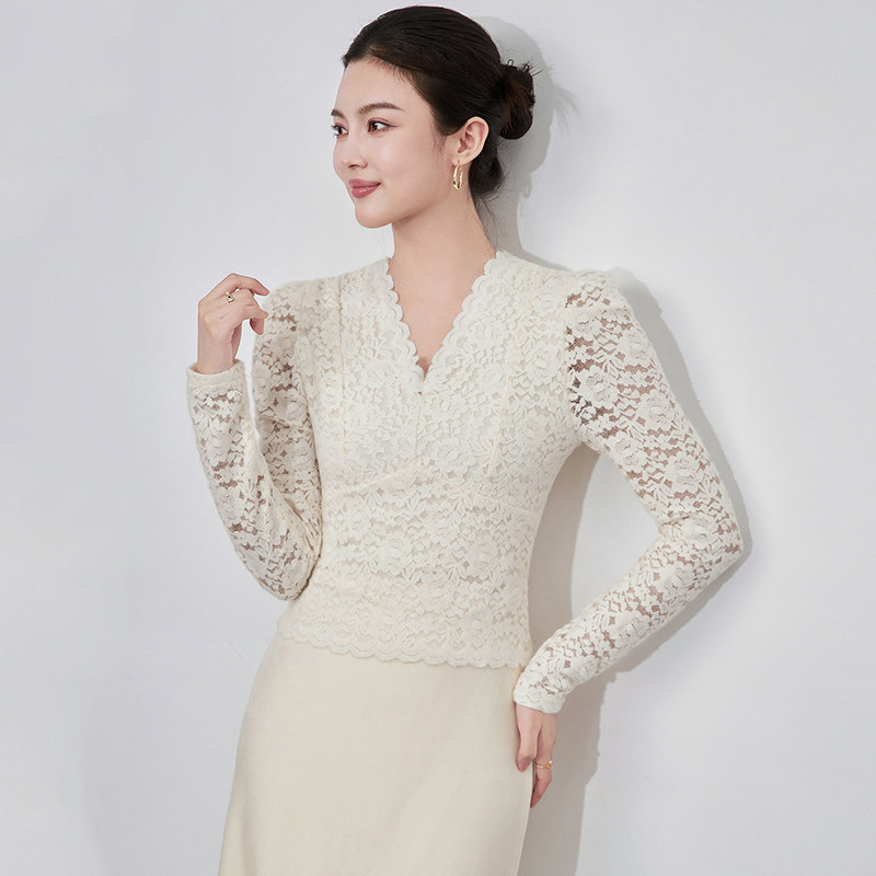 名媛气质修身蕾丝上衣打底衫女冬
