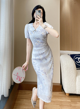 新中式碎花天丝紫色连衣裙女夏季高端显瘦气质日常可穿改良旗袍裙