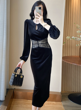 黑色包臀金丝绒连衣裙女秋冬高档收腰显瘦蕾丝拼接长款礼服一步裙