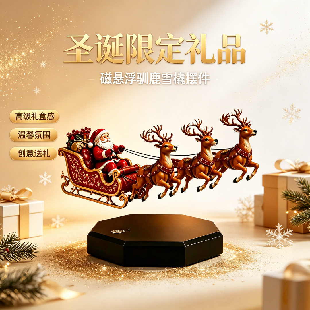 磁悬浮圣诞雪橇圣诞老人三驯鹿摆件 跨境圣诞节日礼物 装饰工艺品