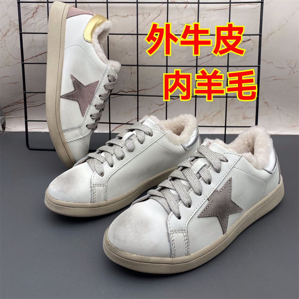 羊毛做旧牛皮真皮脏脏鞋 加绒羊羔毛皮毛一体保暖系带休闲棉鞋女