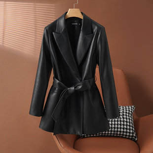 夹克通勤外套中长款 宽松绵羊皮皮衣女显瘦真皮西装 春装 2026年新款