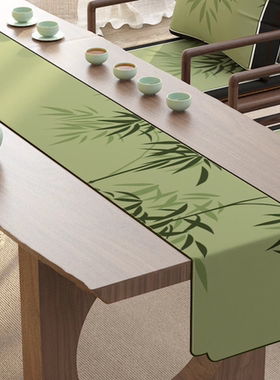 桌旗宋式美学竹韵绿色新中式亚麻餐桌茶桌布茶几茶台布茶席茶桌布