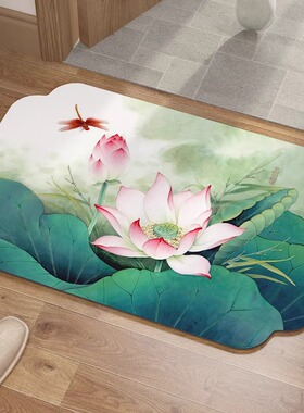 地垫中式荷花蜻蜓皮革门垫浴室进门防滑吸水绿色简约地毯脚垫