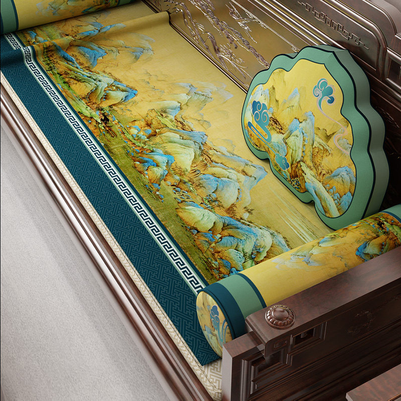 沙发搭巾新中式千里江山图红木家具保护套套罩防尘垫防滑坐垫盖巾,居家布艺,沙发垫,淘宝优惠券,粉丝福利购,淘宝优惠卷