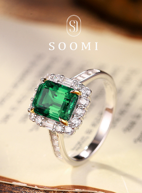 【SOOMI凝光】925银2ct沃顿绿培育祖母绿宝石戒指豪华经典戒环女