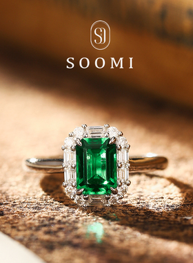 【盛夏五月】925银人工培育小八角祖母绿戒指镀18K金时尚通勤设计