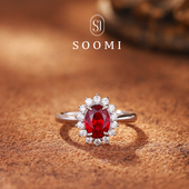 简约百搭戒环女 经典 SOOMI太阳花 925银培育鸽血红宝石戒指时尚