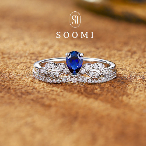 【SOOMI  冠冕】皇家蓝宝石戒指925银水滴型培育彩宝精致皇冠女戒