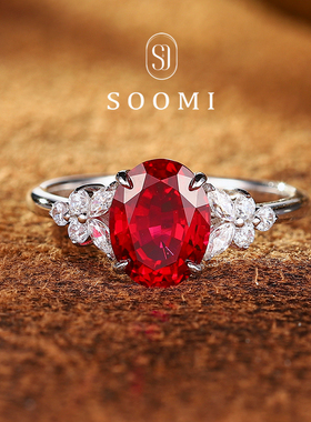 【SOOMI焰影】红宝石戒指2.5ct培育鸽血红彩宝女戒925银椭圆款