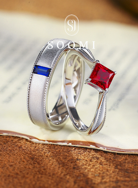 【新品星火燎原】红宝石戒指培育彩宝情侣对戒蓝宝男戒鸽血红女戒