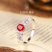 百搭设计戒环女 925银1克拉培育鸽血红宝石戒指时尚 定制 白鸽