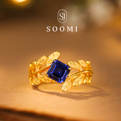 饰品女 时尚 SOOMI月桂枝 925银宫廷复古培育皇家蓝宝石戒指个性
