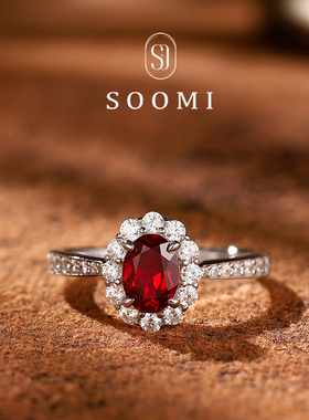 【红色梦境】925银戴妃款人工实验室1.2克拉鸽血红宝石戒指高级女