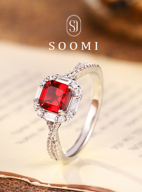 【SOOMI 绿精灵系列】925银1ct培育阿斯切鸽血红宝石戒指经典设计