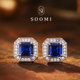 午夜巴黎 925银方型人工实验室培育皇家蓝宝石耳钉耳饰男女款