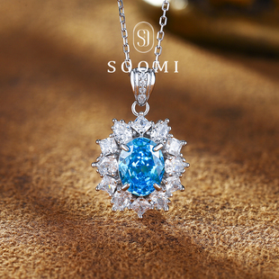 圣玛利亚蓝宝石项链925银镀18k金镶高碳钻吊坠超闪 霓裳 新品