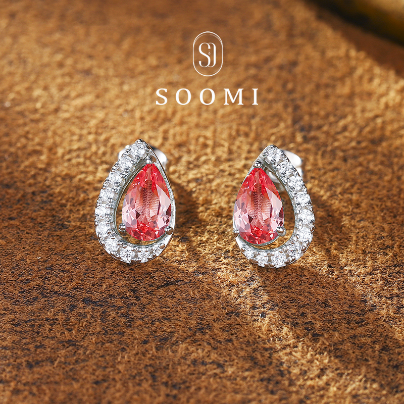 【新品 云与月】帕帕拉恰耳钉2.5ct培育日落红彩色宝石耳饰925银
