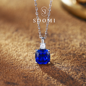 皇家蓝宝石项链2ct培育彩宝吊坠925银镀18k锁骨链女 SOOMI流萤