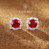 SOOMI占星师 鸽血红宝石耳钉圆切2.4ct培育彩宝925银镀18k耳饰