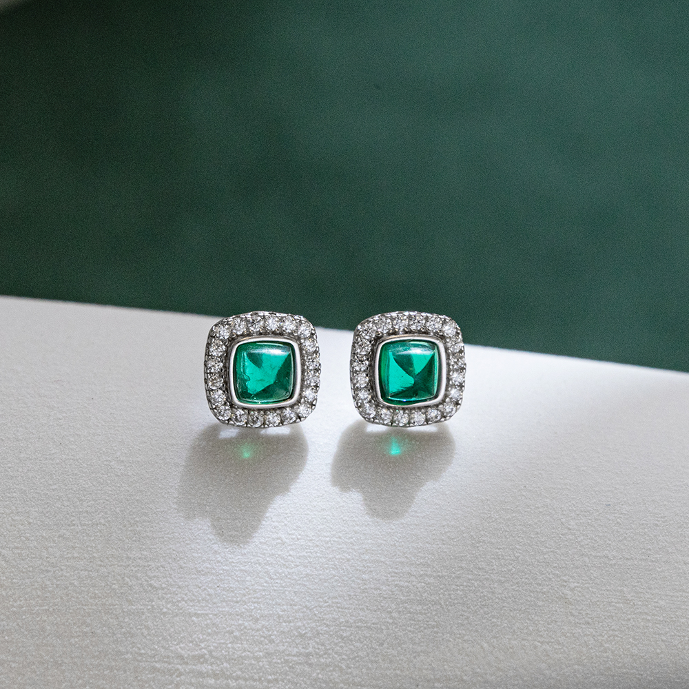 复古925银培育祖母绿耳钉